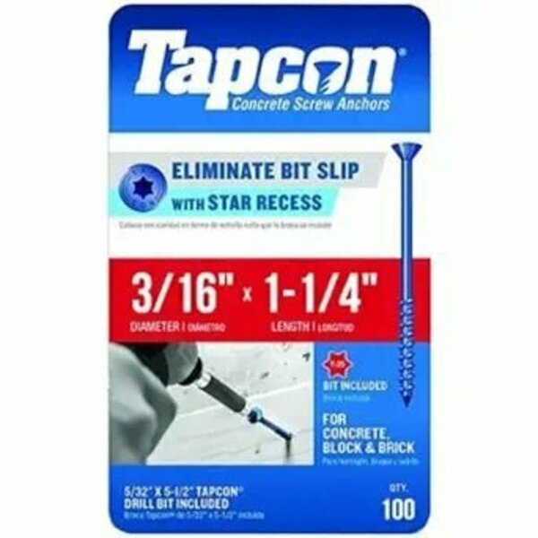 Tapcon 3/16-inch x 1-1/4-inch Climaseal Blue Flat Head T25 Concrete Screw Anchors w/Drill Bit, 100PK 3110T25